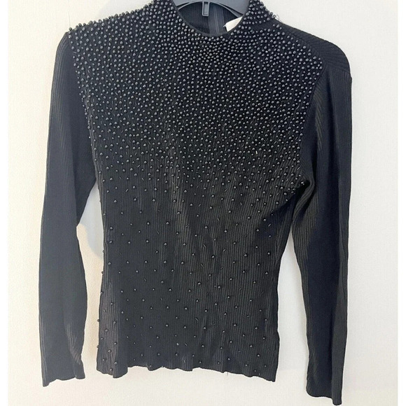 Le Gary Black Beaded Sweater Women's Medium Knit Mock Neck Long Sleeve Italy - Picture 1 of 9